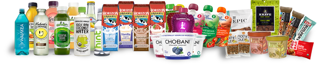 Healthy vending products including organic milk, coconut water, yogurt, and nutritious snacks